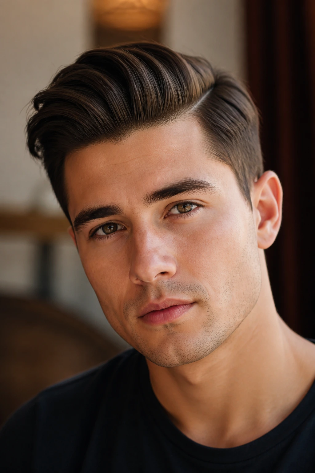 Close-up of a real person with a side-swept quiff and defined side part.