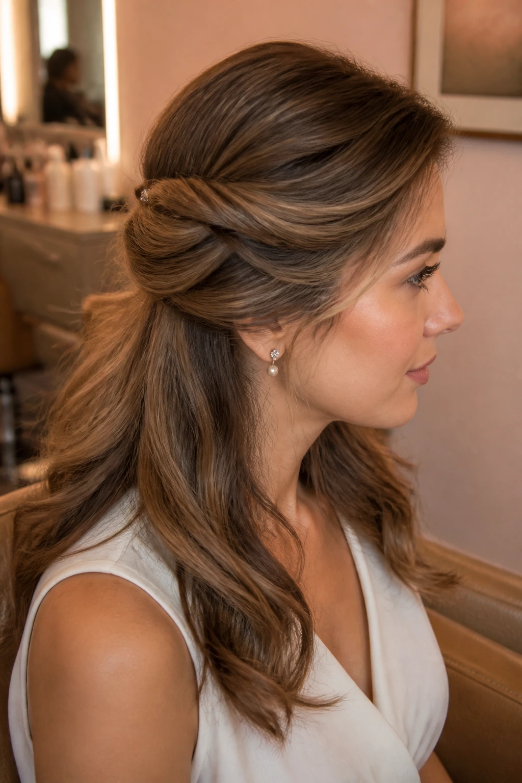 Portrait of a real woman with a side-swept roll pinned behind the ear