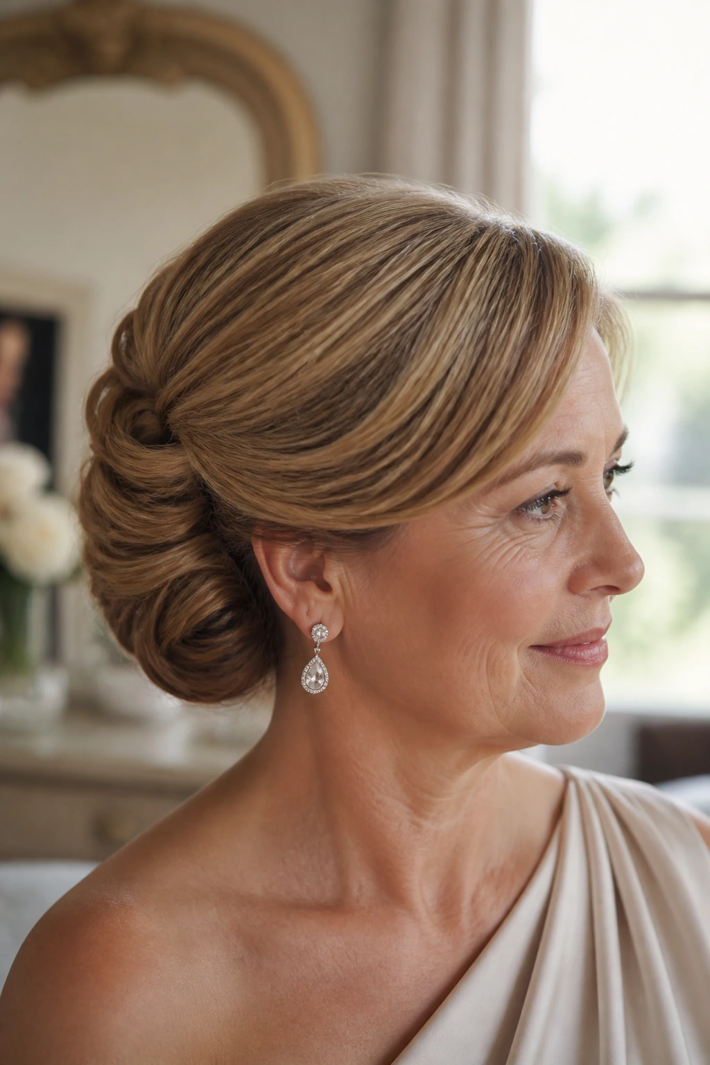 Close-up of Side-Swept Roll with Hidden Pins on a real woman in a bridal suite