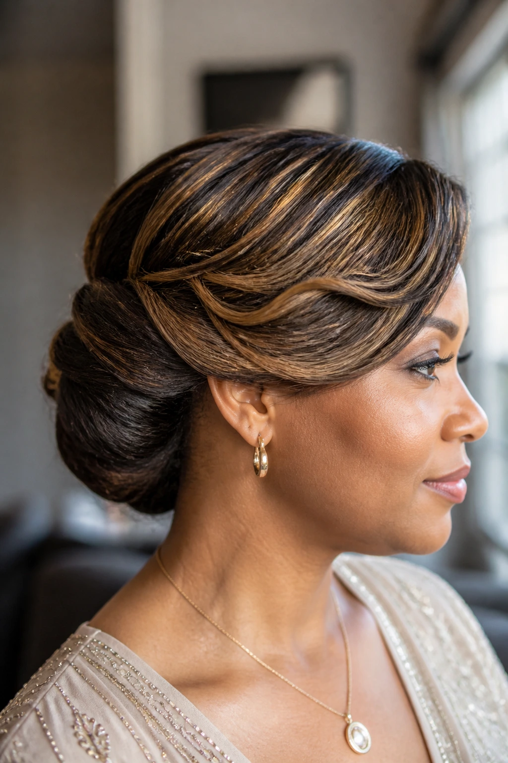 Close-up of a woman with a side-swept roll and tuck hairstyle