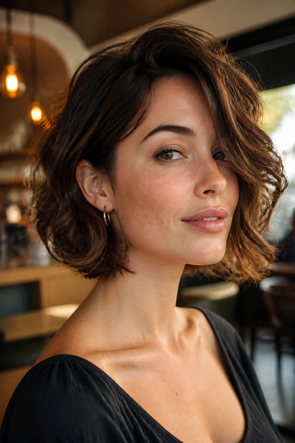 Close-up portrait of a real person with a side-swept romantic bob in a cozy cafe.