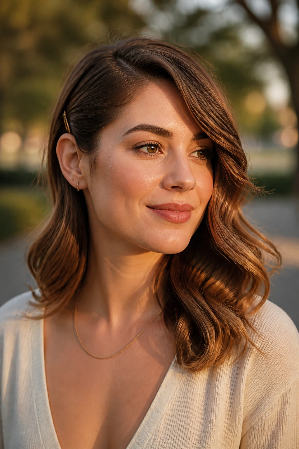 Close-up of a real woman with side-swept S-bends on medium-length hair.