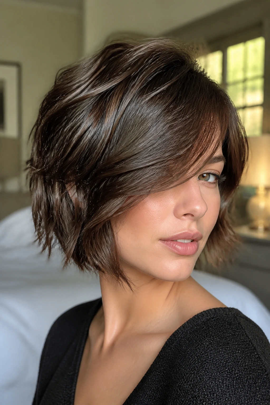 Close-up of a real woman with Side-Swept Shag Bob with Creamy Shine, glossy layered hair in natural light.