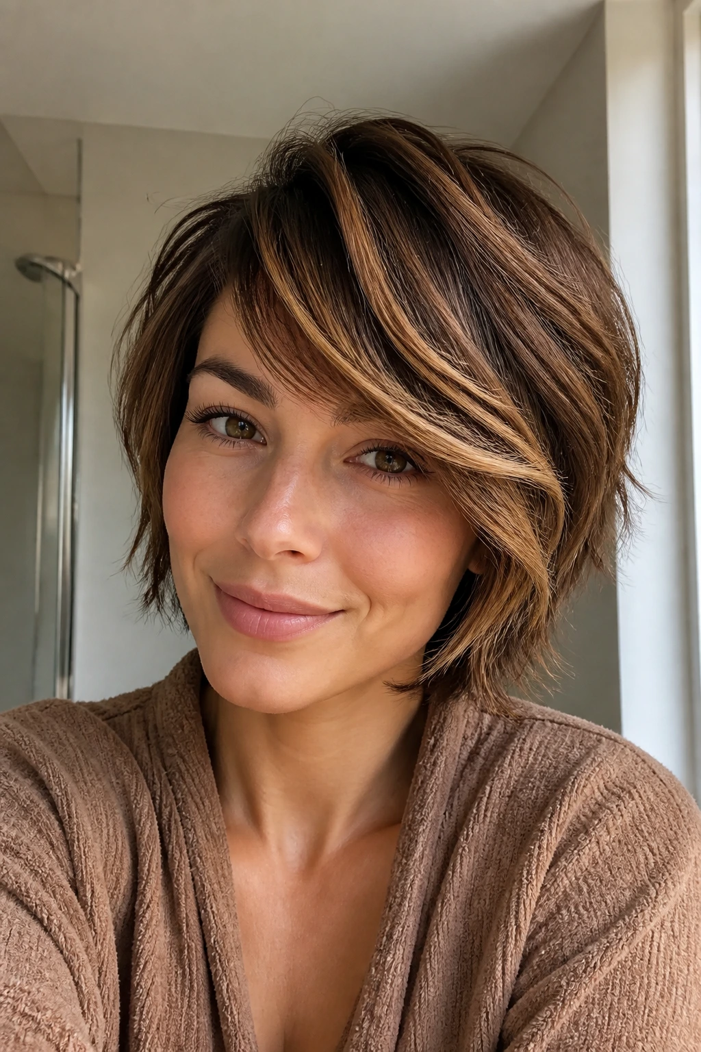 Real woman with side-swept mini shag and caramel highlights