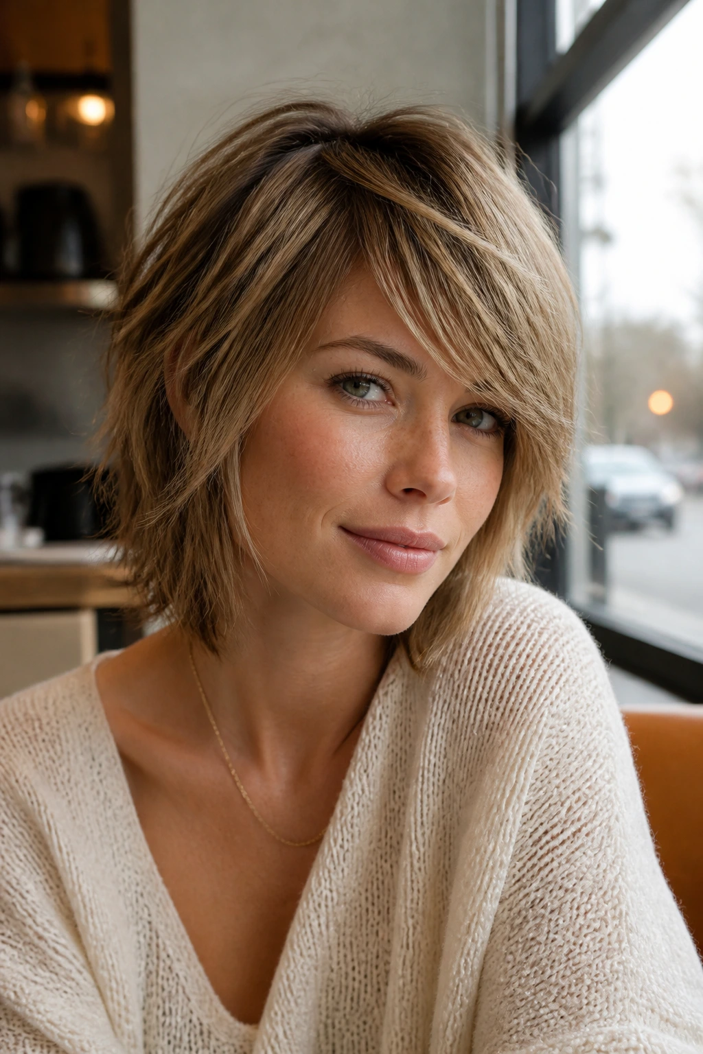 Close-up portrait of a real woman with a side-swept shag and diagonal face frames