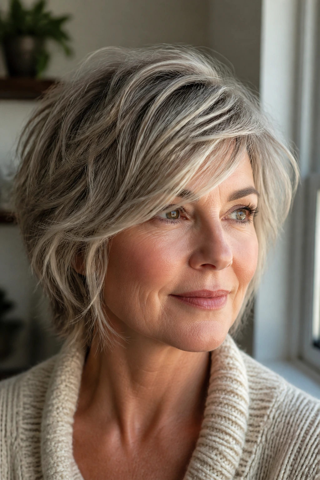 Close-up of a real woman wearing a side-swept layered shag for gentle face framing, natural window light.