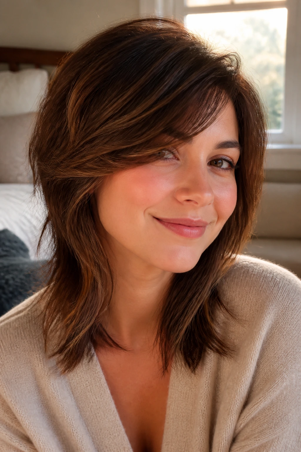 Close-up of a real woman showcasing a side-swept shag with soft ends in warm window light