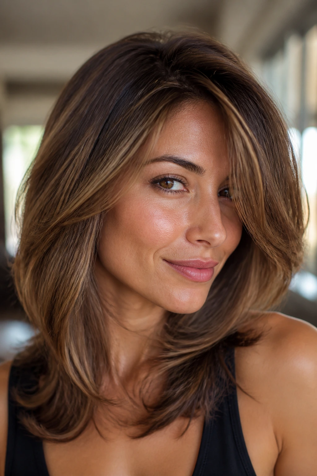 Close-up of a real woman with flattering side-swept layers framing the face.