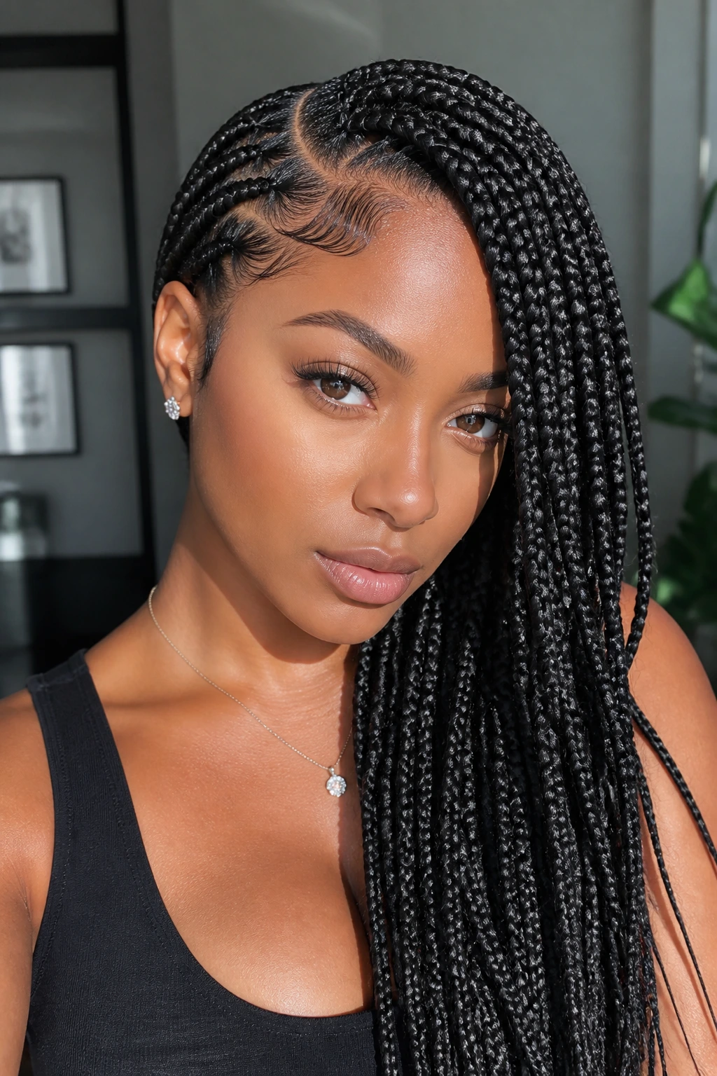 Close-up of a real person with side-swept singles braids.