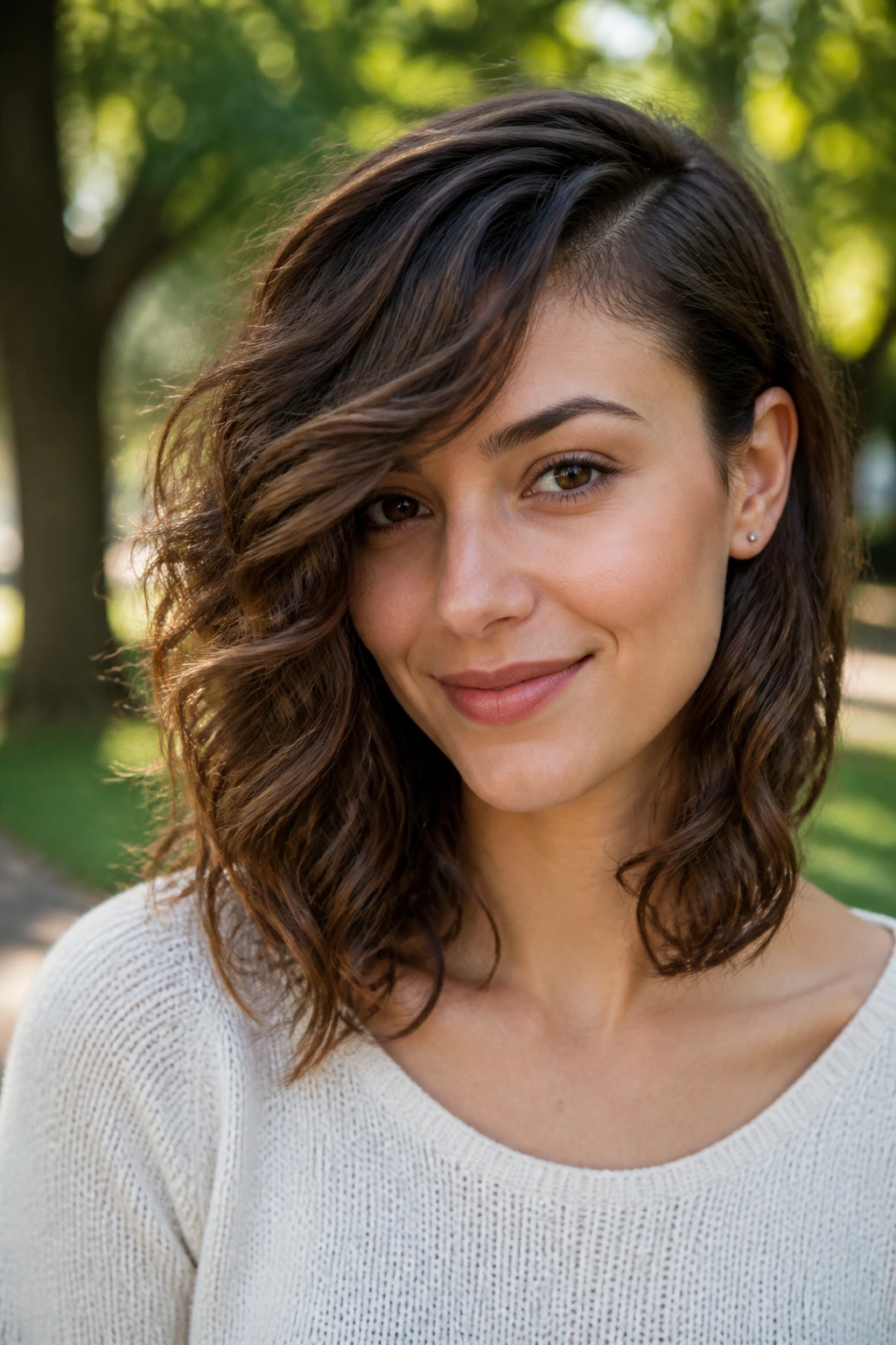 Side-swept slope lob curly hairstyle on a real woman outdoors
