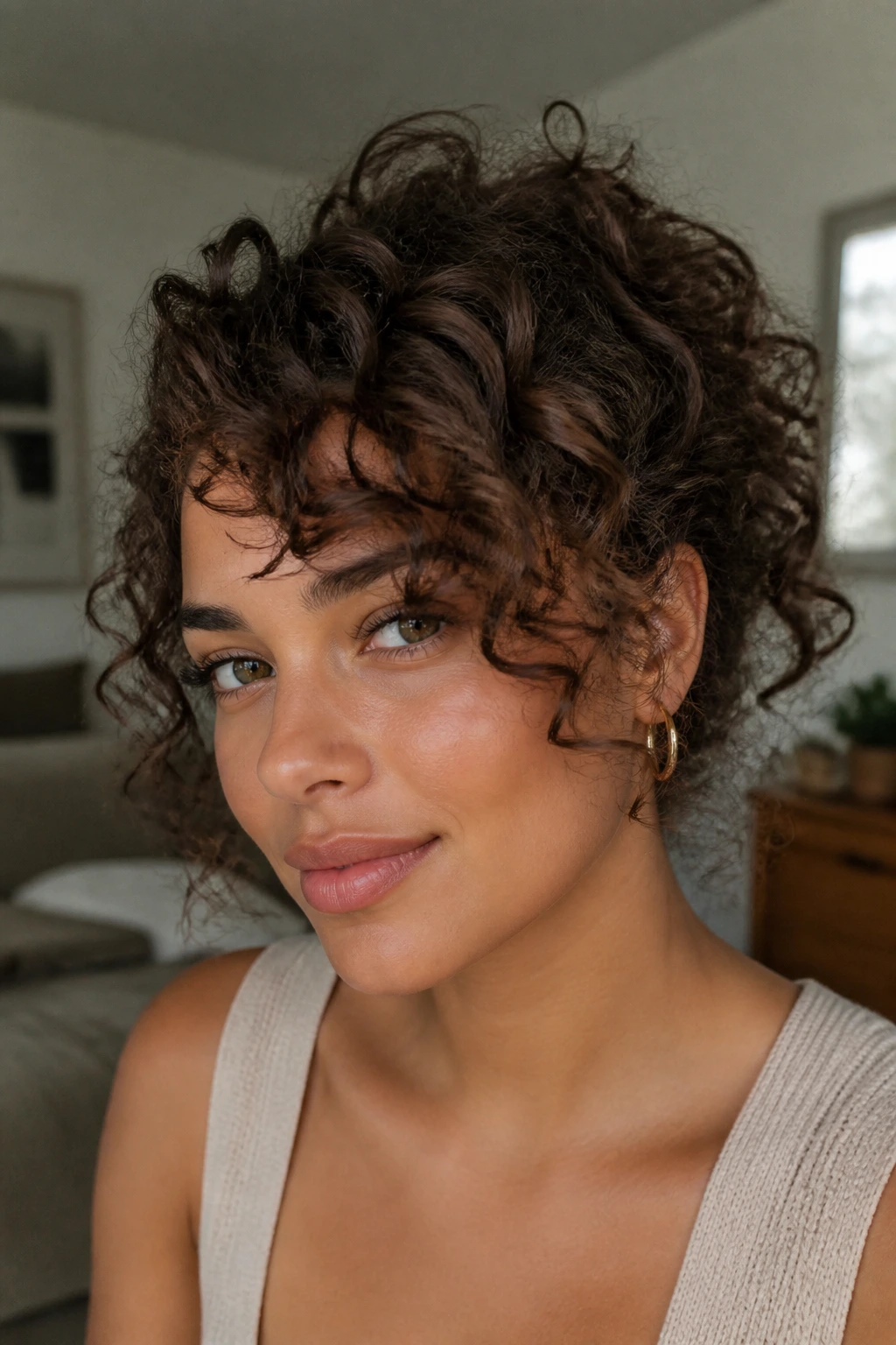 Portrait of person with side-swept spiral bangs