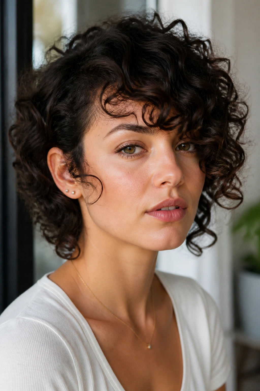 Close-up portrait of a real woman with side-swept curly bangs across the forehead