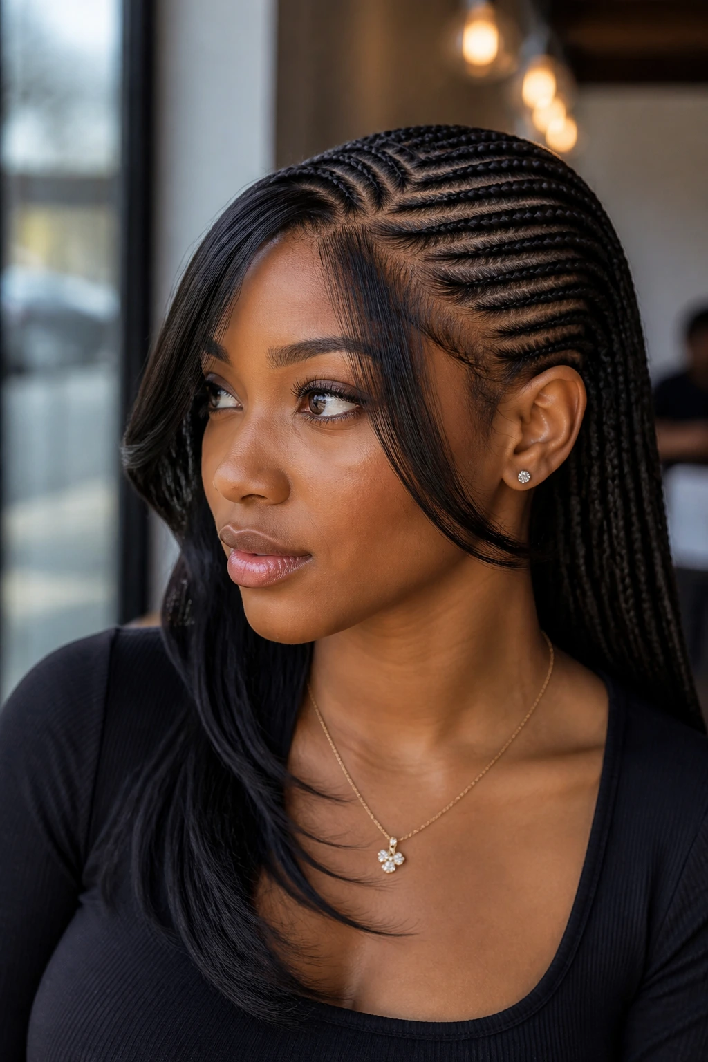 Portrait of a real woman with side-swept straight-back braids and layered face pieces