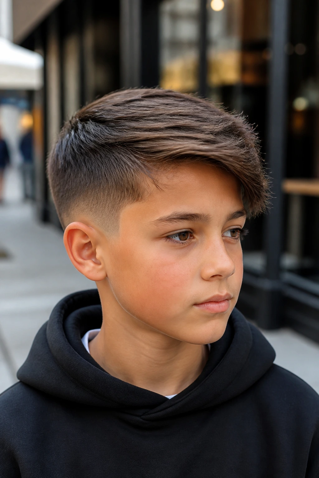 Boy with side-swept taper haircut on urban sidewalk portrait