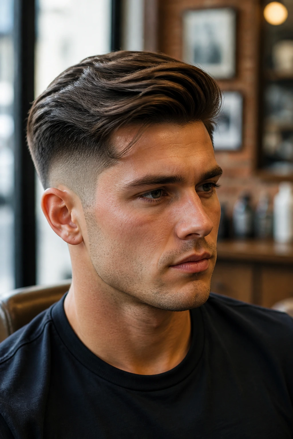 Close-up portrait of a man with a side-swept taper fade, top around 3 inches and tapered sides.