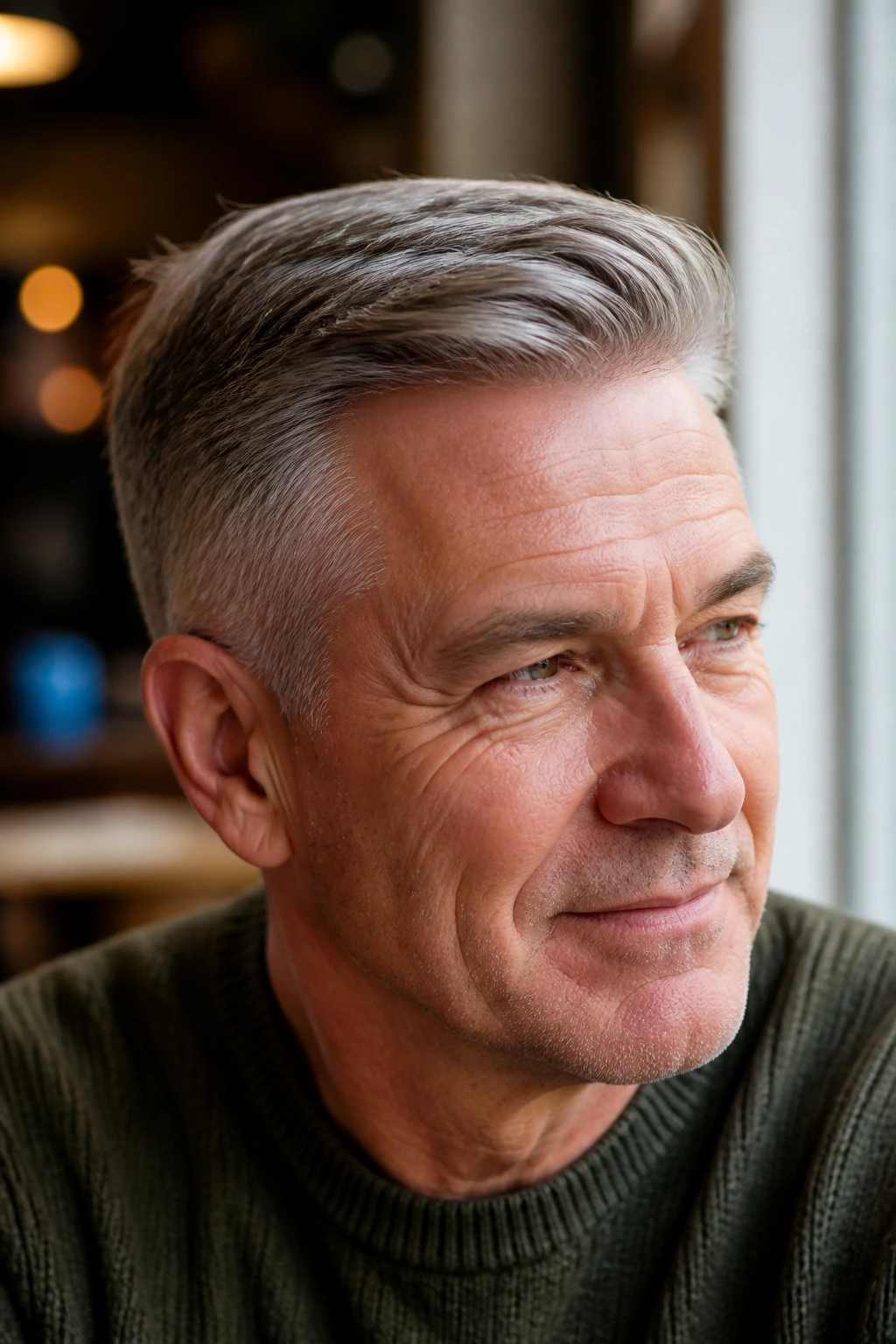 Man with side-swept taper hair in cafe window light