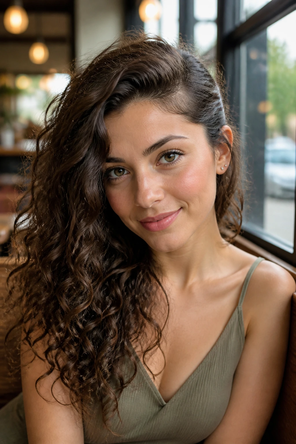 Real woman with side-swept curls and tucked temple piece under natural window light