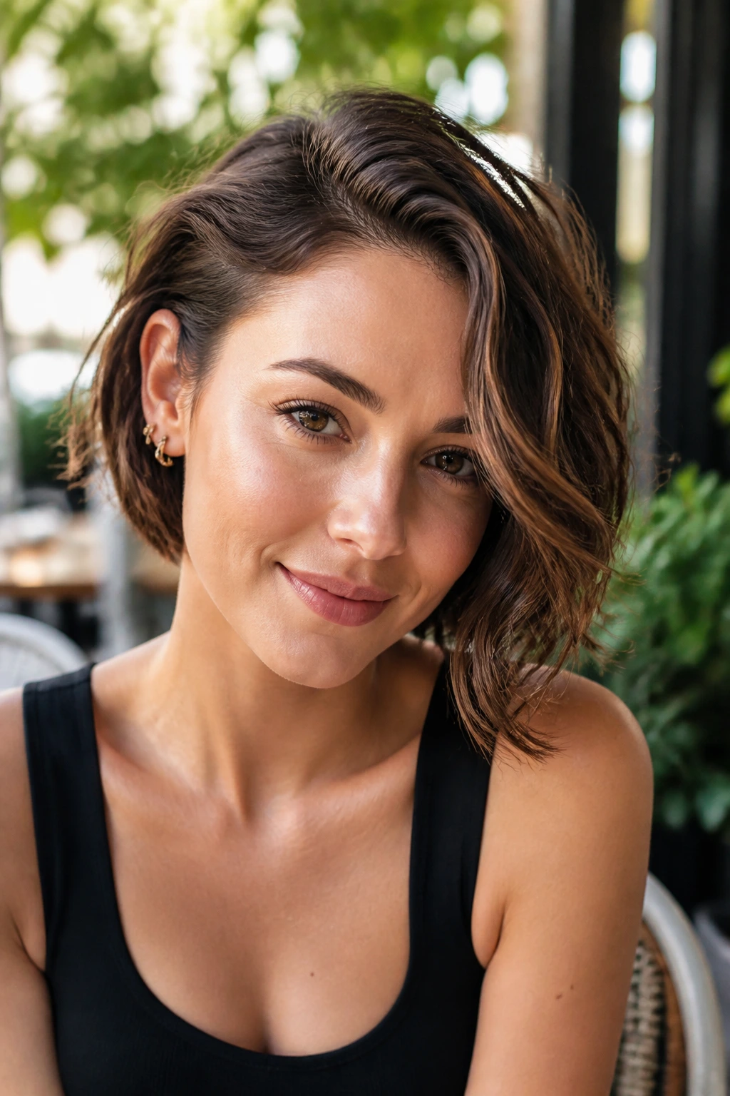 Close-up portrait of a real woman with a side-swept tuck bob