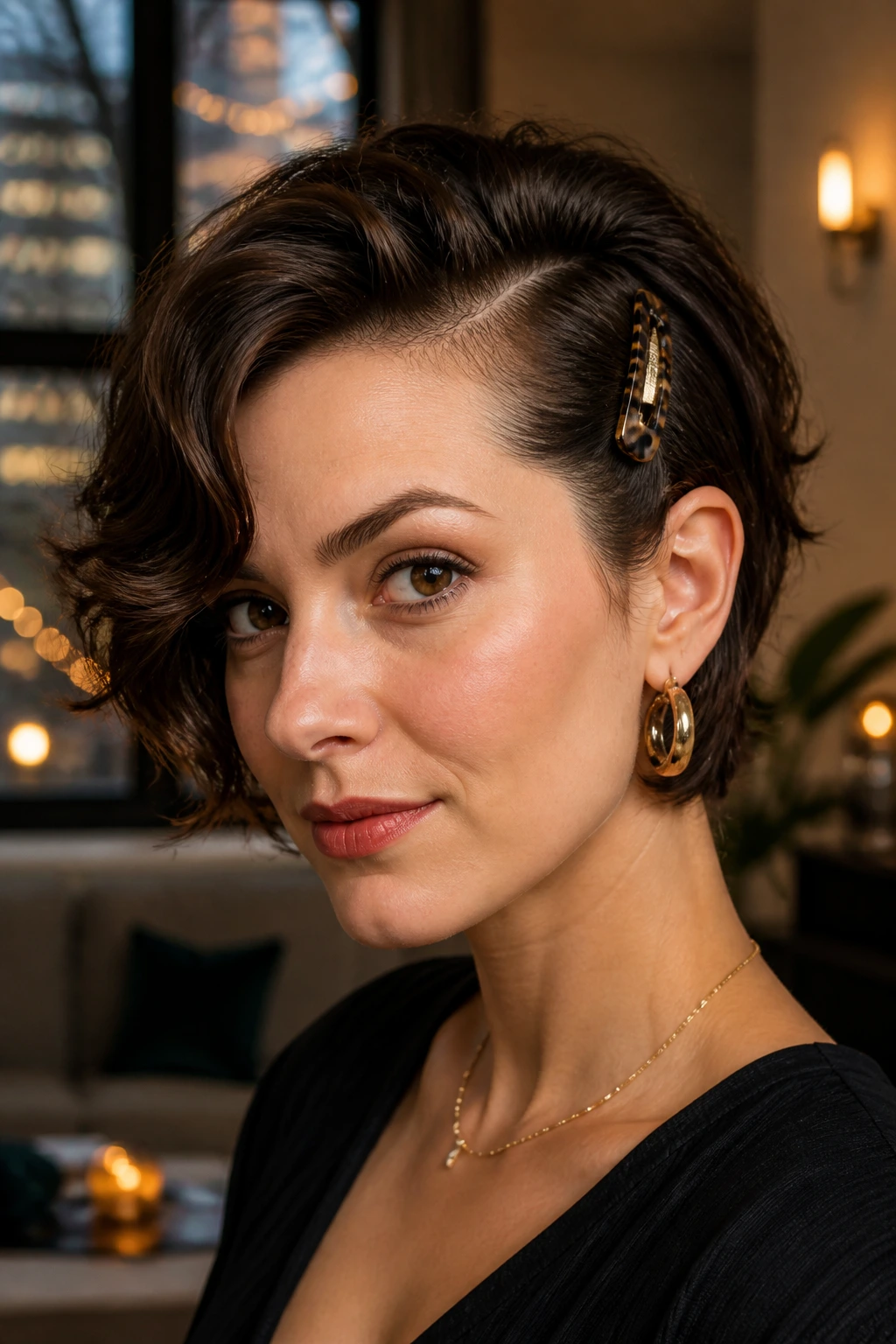 Portrait of real person with side-swept tuck hairstyle and a large clip