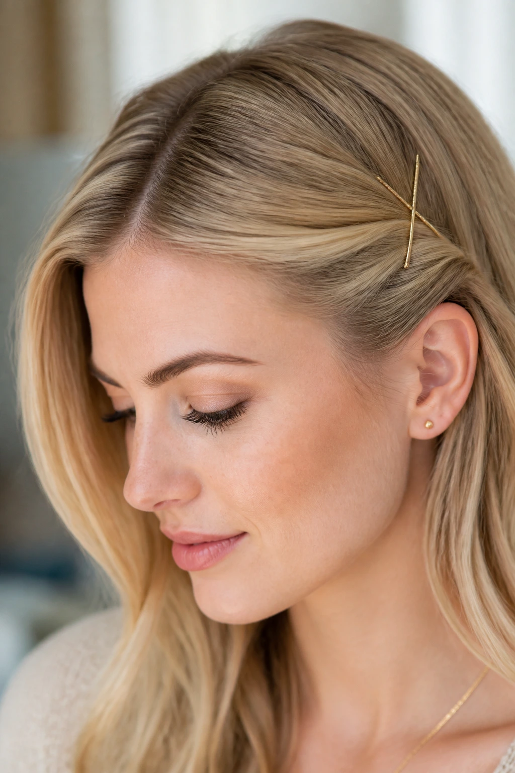 Close-up of a woman with a side-swept tuck pinned behind the ear