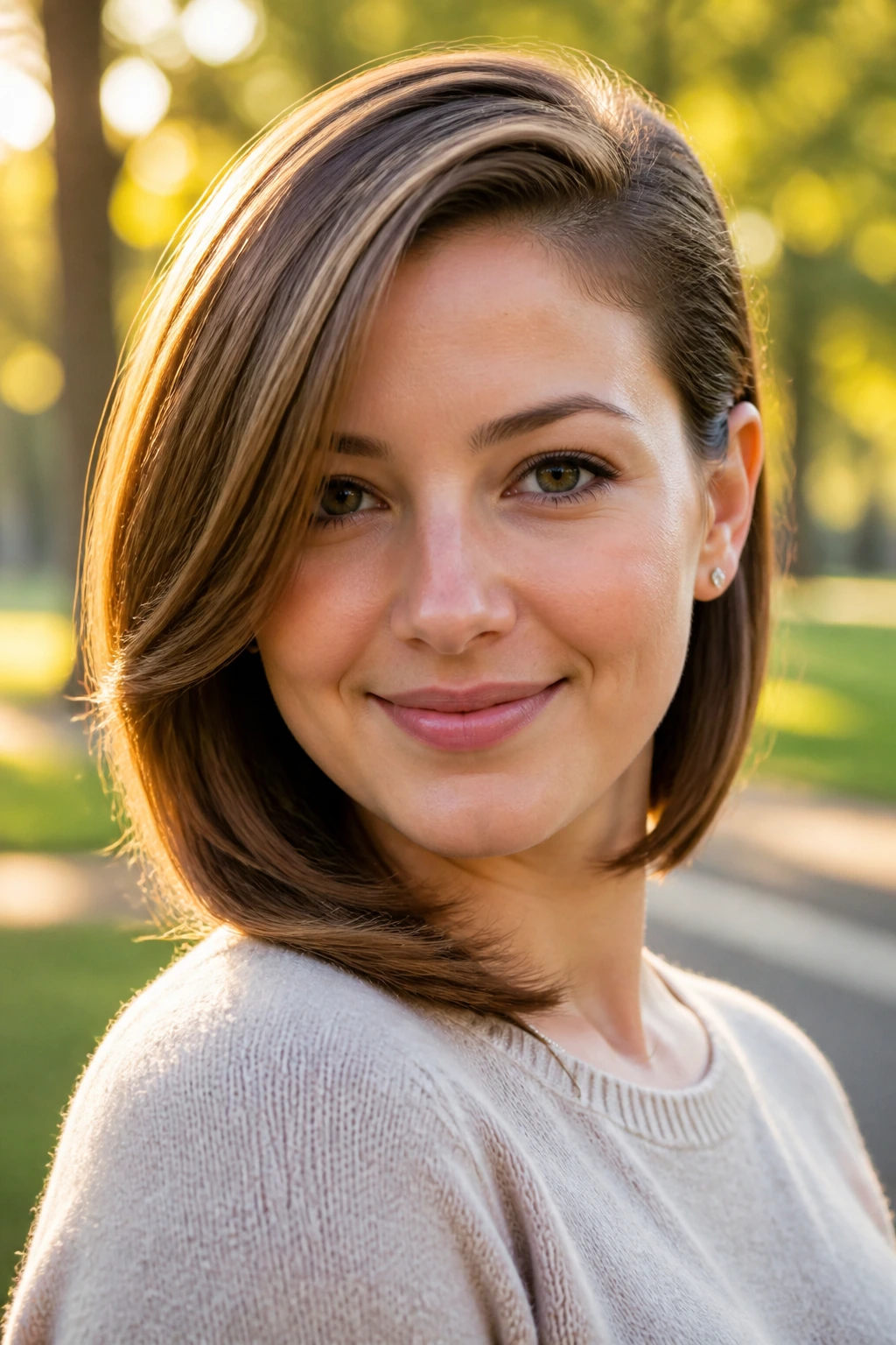 Portrait of a woman with side-swept hair and tucked ends