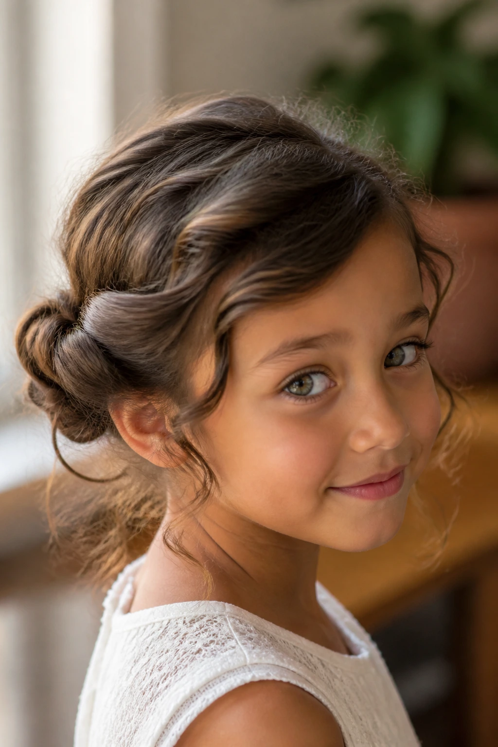 Real child with a side-swept twist knot near the ear