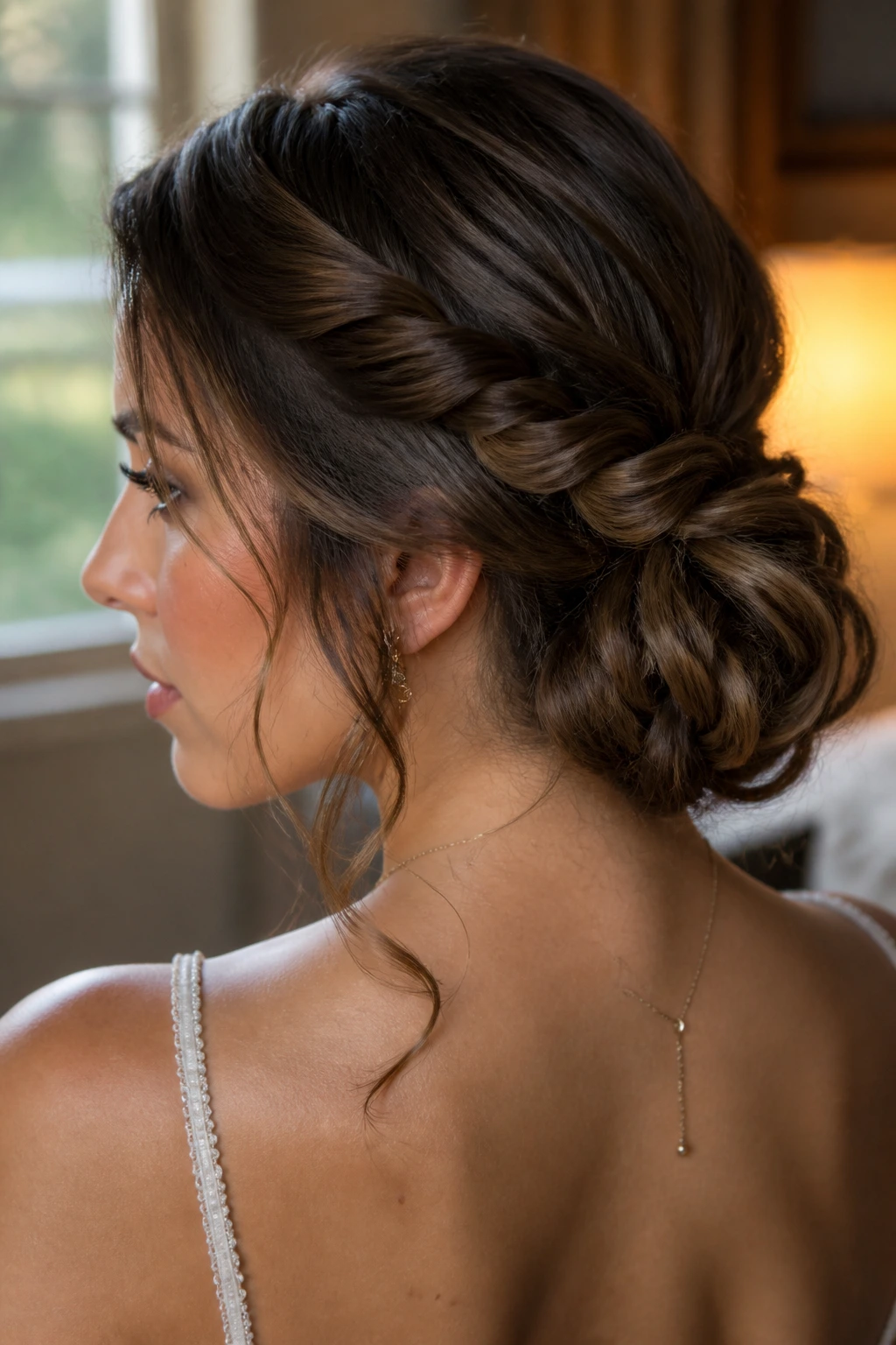 Close-up of a real woman with a side-swept twisted updo in warm window light