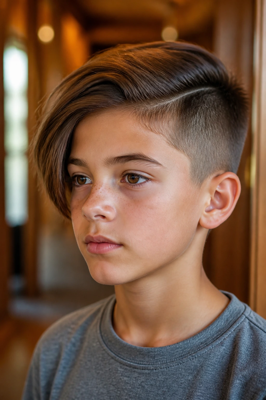 Close-up of a boy with a side-swept undercut bob and long top.