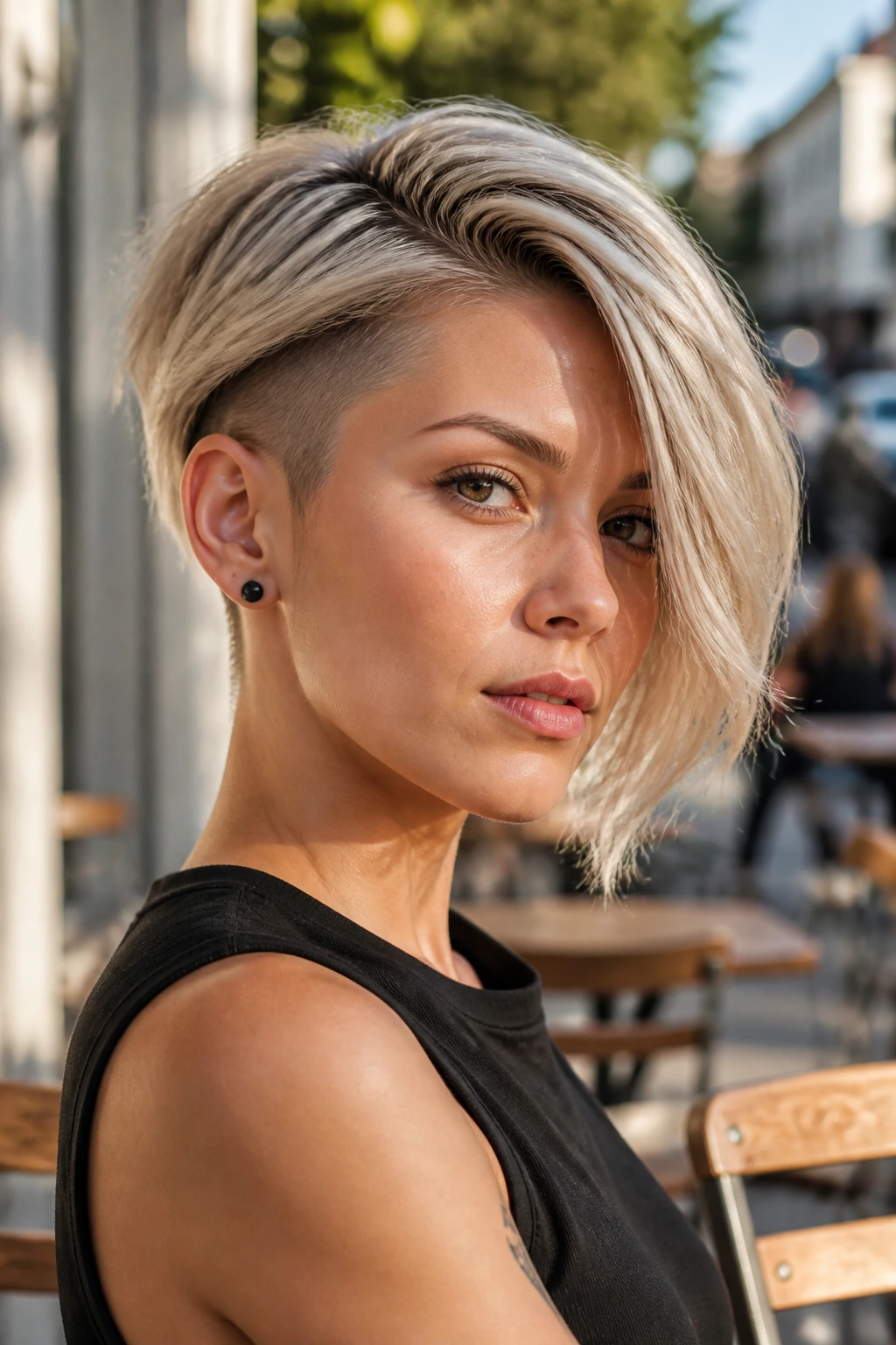 Close-up of real woman with side-swept undercut crop hairstyle