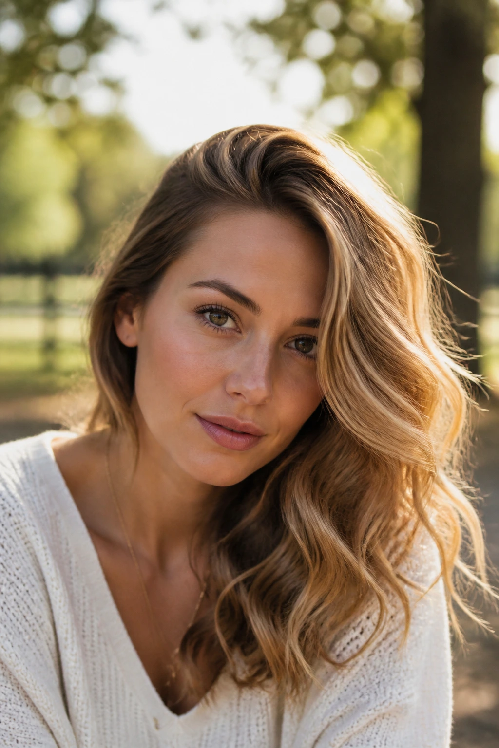 Close-up of a real woman's side-swept undone waves with a deep side part.