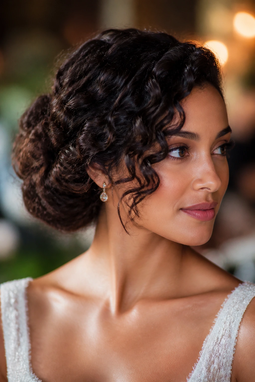 Close-up portrait of a real woman with a side-swept curly updo
