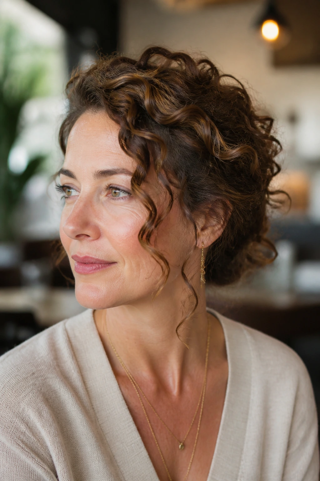 Close-up of a woman with a soft side-swept curly upstyle, hair framing the forehead.