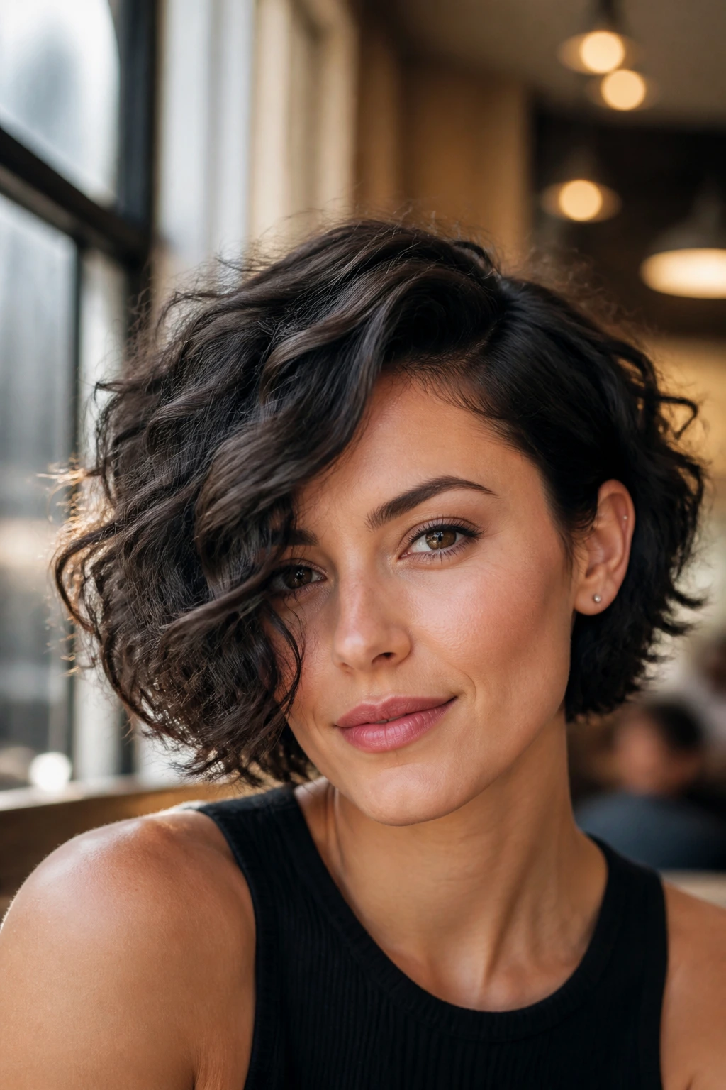 Close-up of a real woman with a side-swept volume bob on short curls.