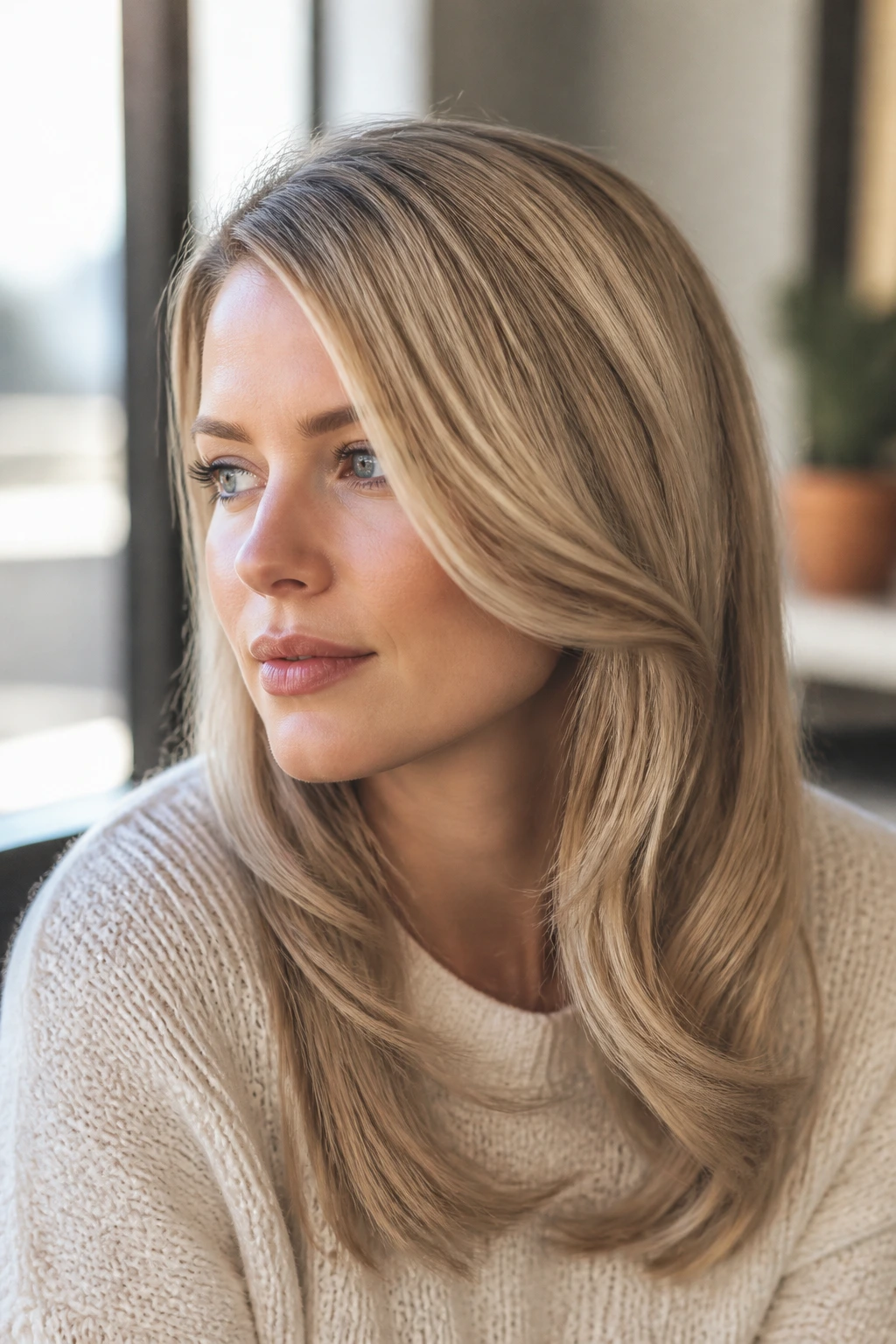 Close-up portrait of a real woman with a low-volume side-swept blowout across the forehead