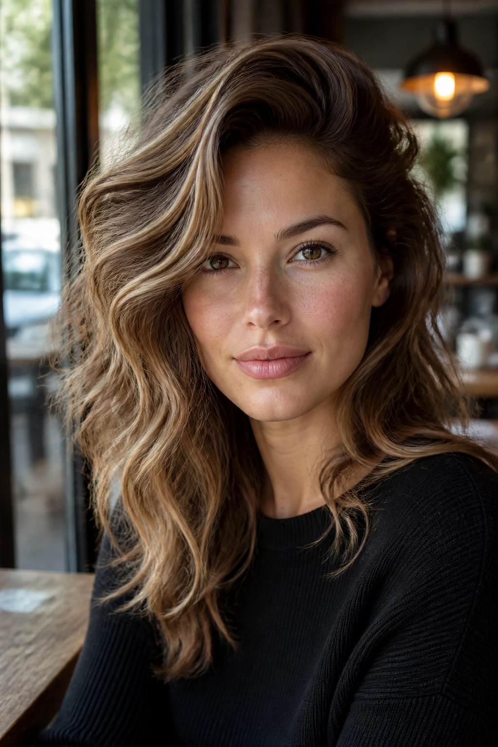 Close-up of a real woman with side-swept volume waves and lifted crown in natural light