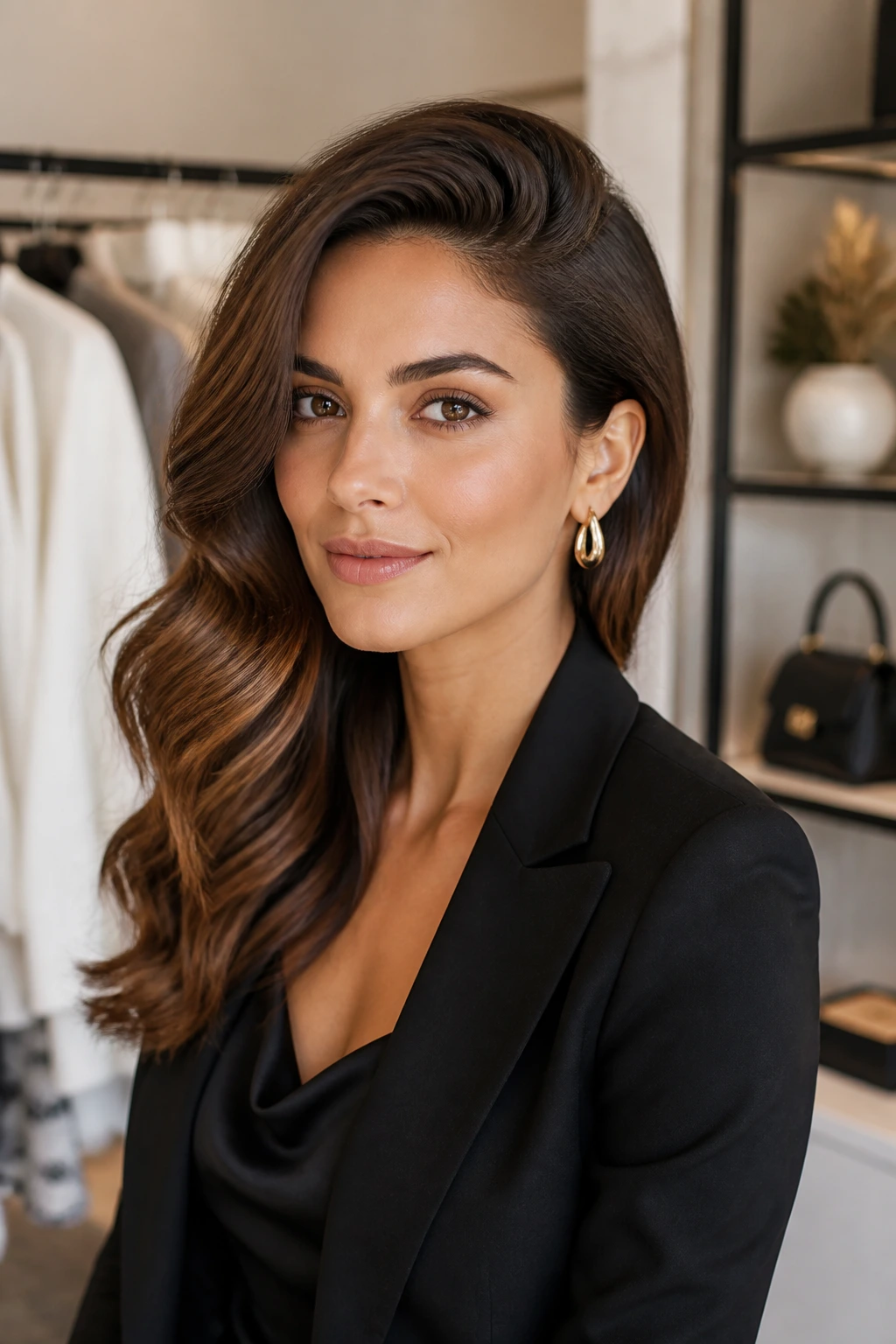 Woman with a side-swept wave and chic outfit.