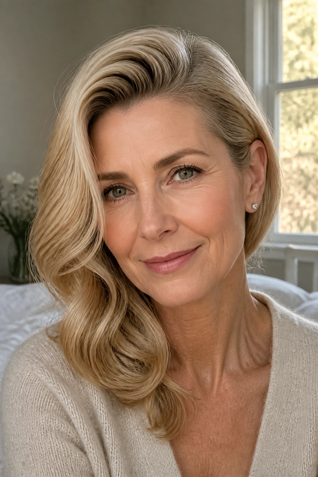 Close-up of a real woman's side-swept wave hairstyle with voluminous one-sided wave
