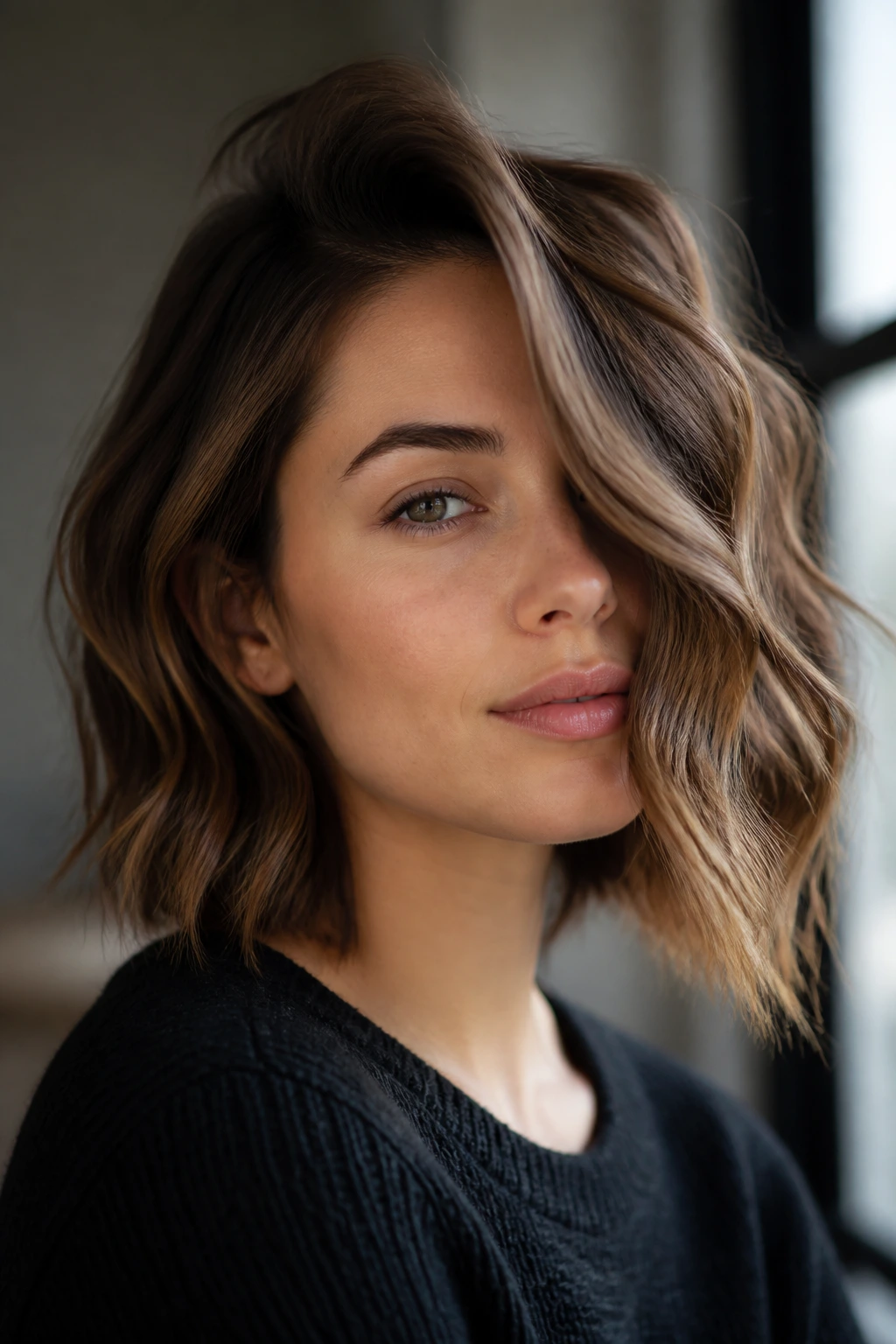 Real woman showing a side-swept wave long bob with deep side part