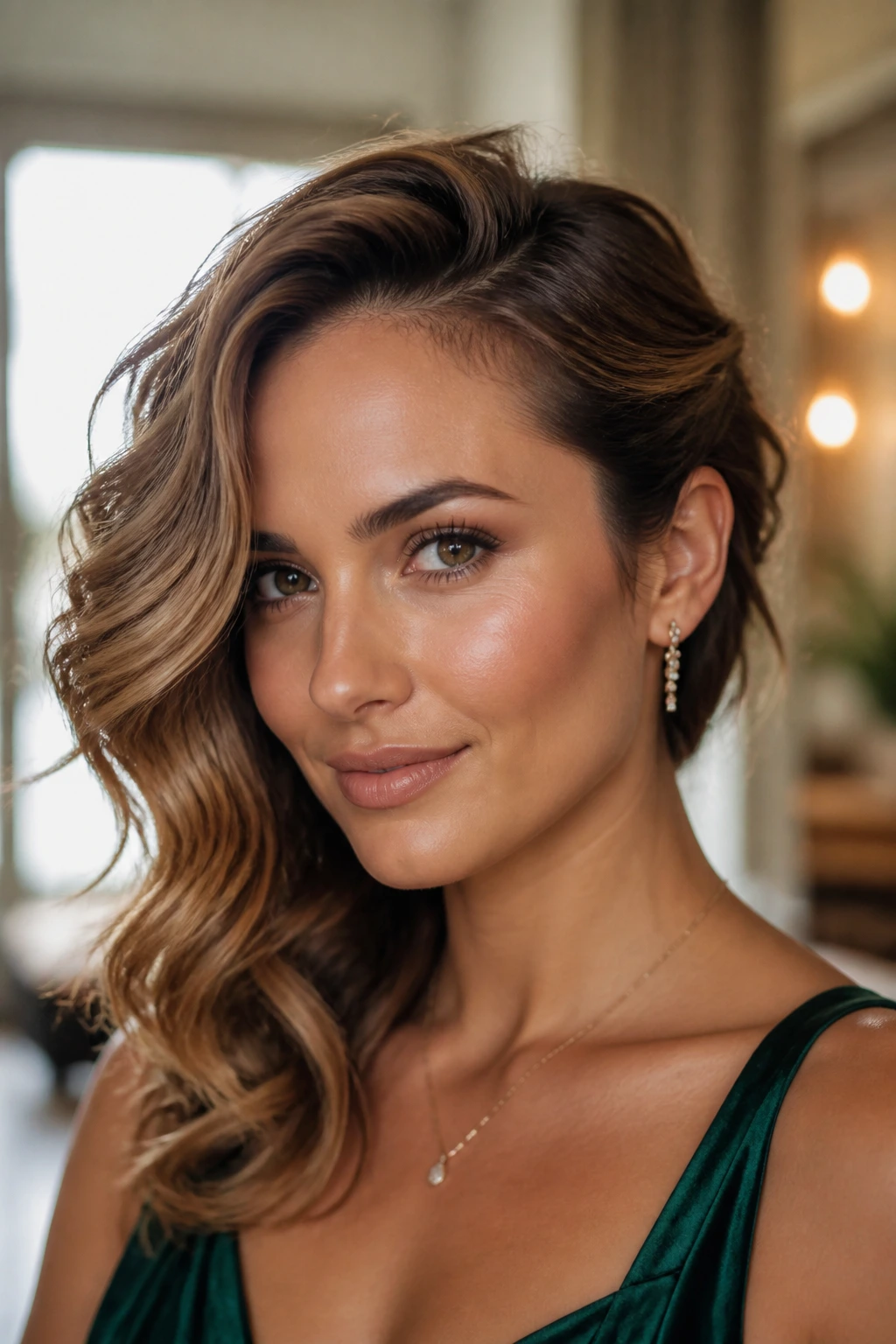 Close-up of a real woman with side-swept waves framed by a soft interior setting