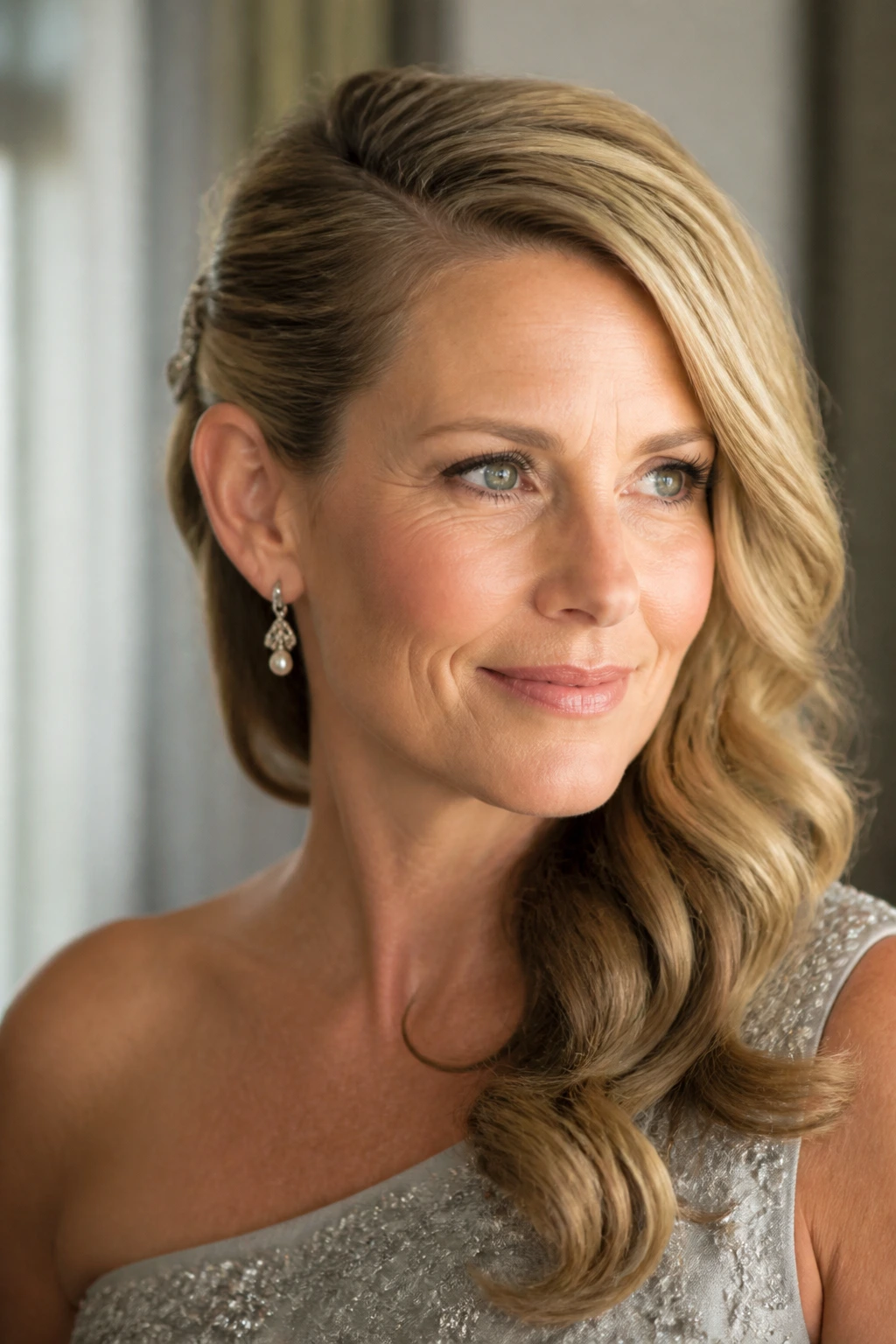 Close-up of woman with side-swept glamour waves and deep side part