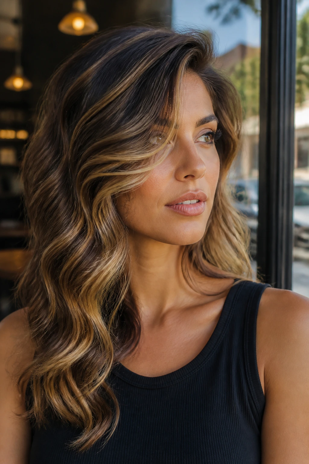 Real woman with side swept S waves in long hair with caramel highlights