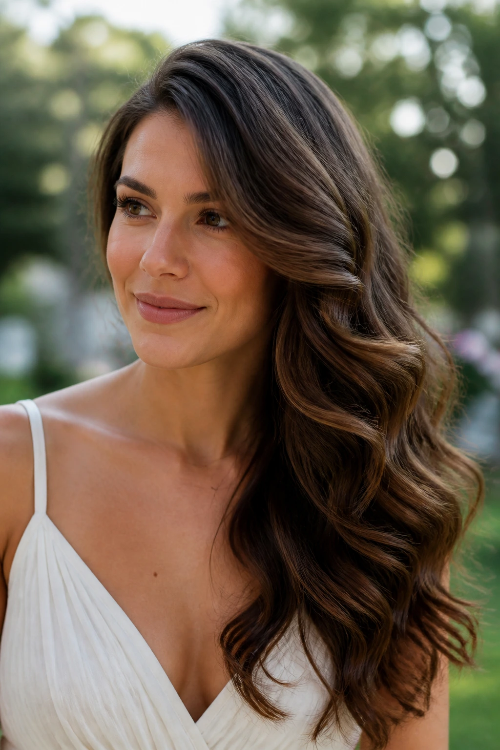 Woman with side-swept cascade waves over shoulder