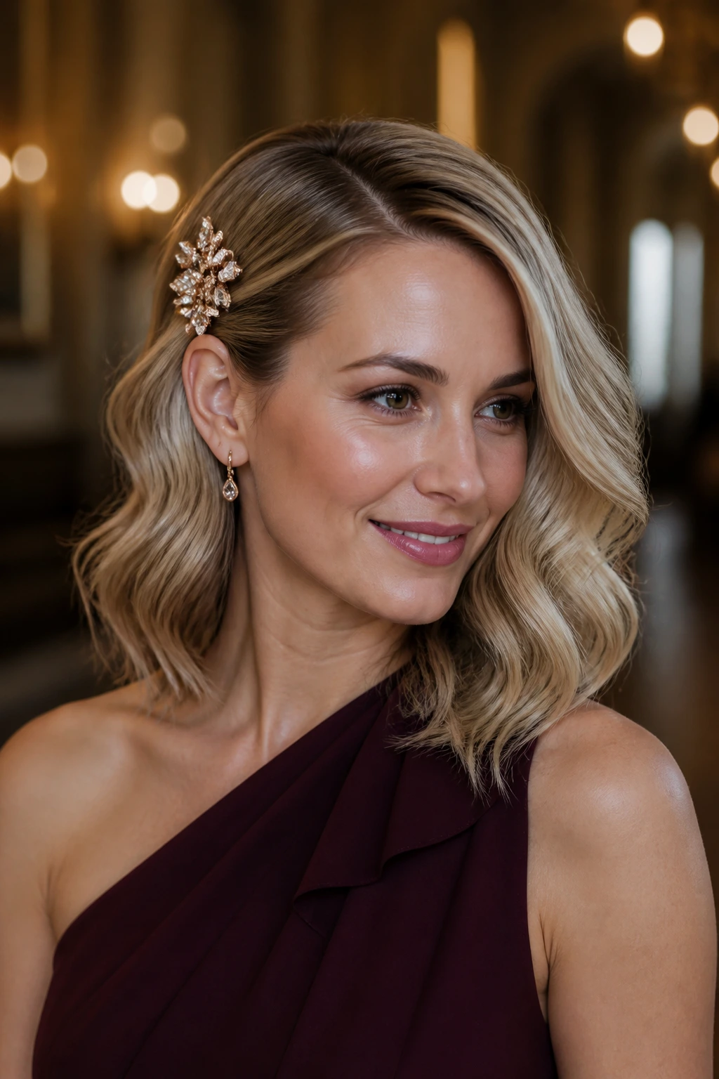 Close-up of a woman with side-swept waves and a visible decorative clip
