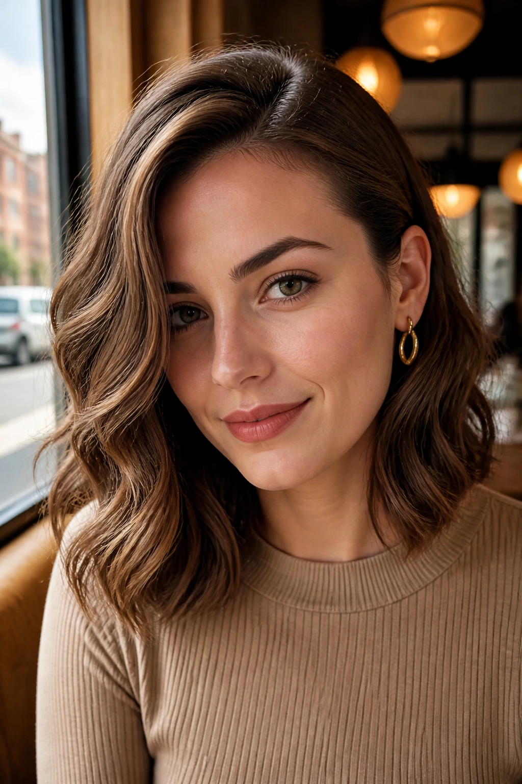 Close-up of a real woman with side-swept waves tucked behind one ear