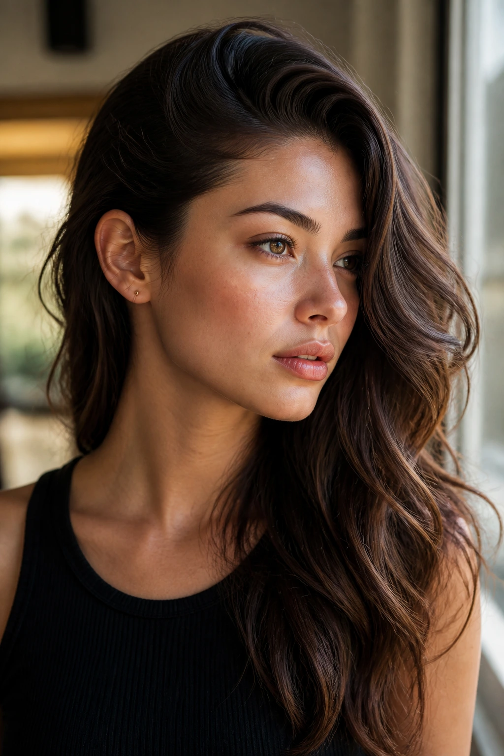 Portrait showing side-swept waves with one ear tucked.