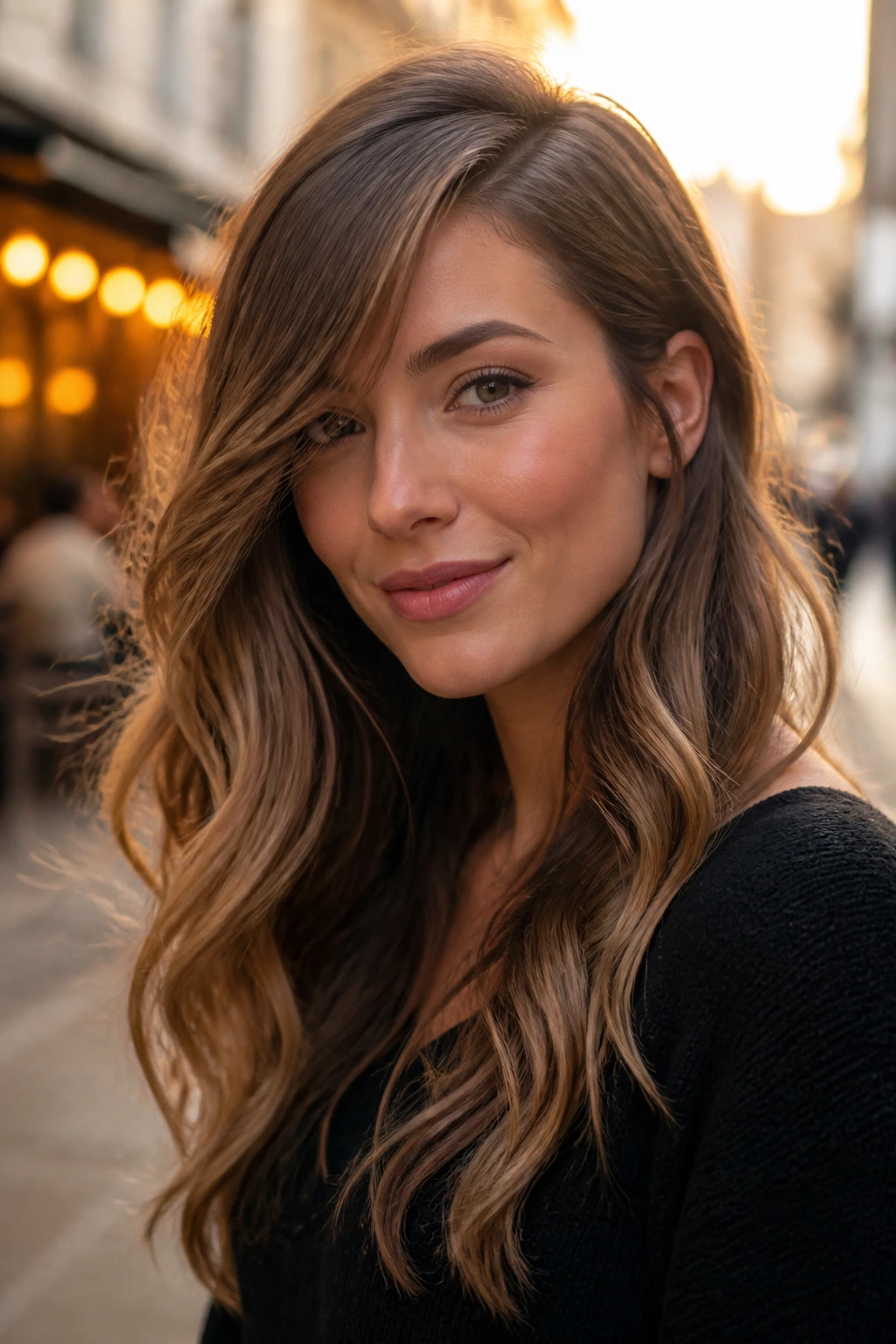 Close-up portrait of a real woman showing side-swept front pieces on long wavy hair.