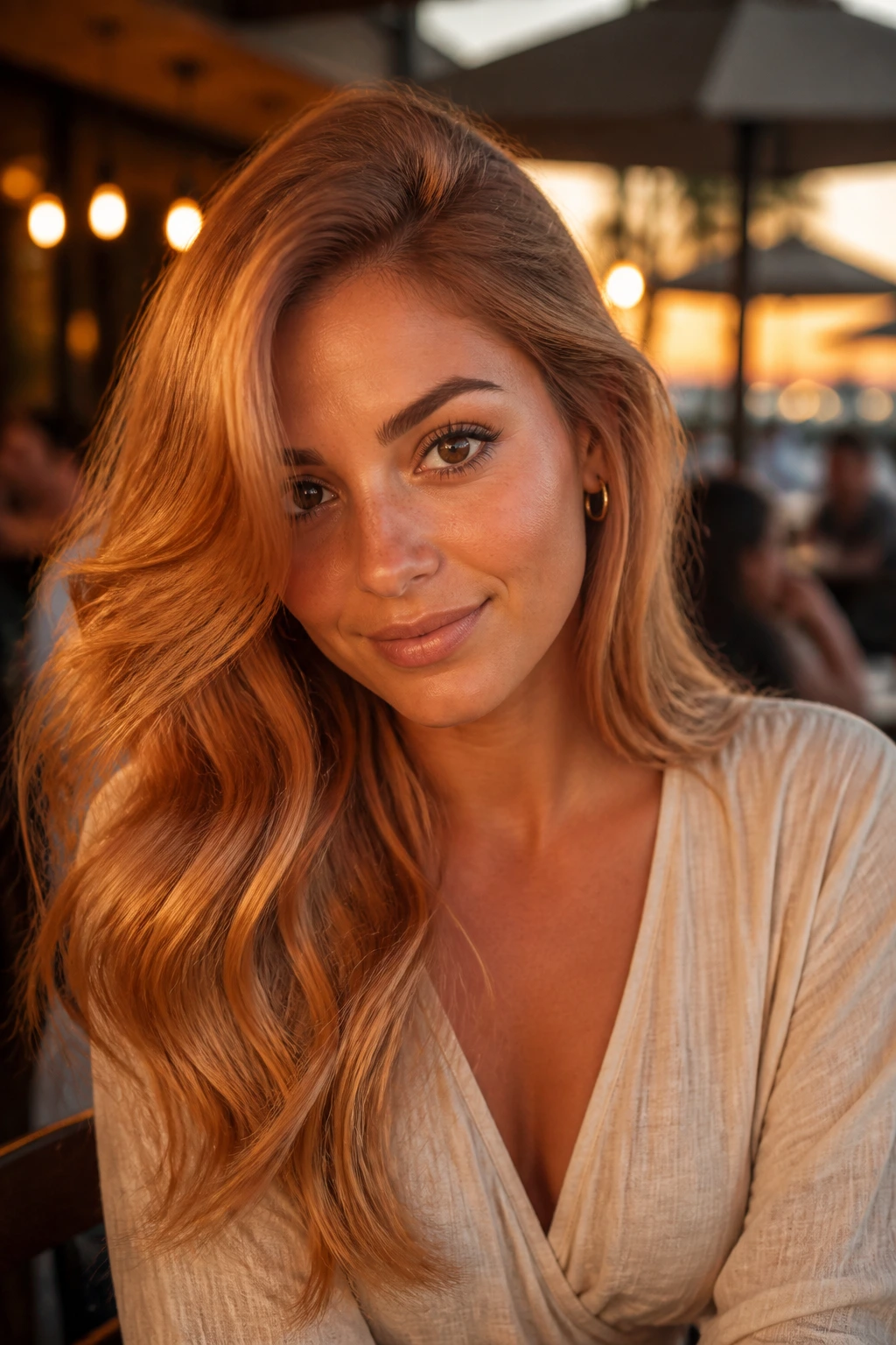 Close-up of a real woman with side-swept waves and golden strawberry shine