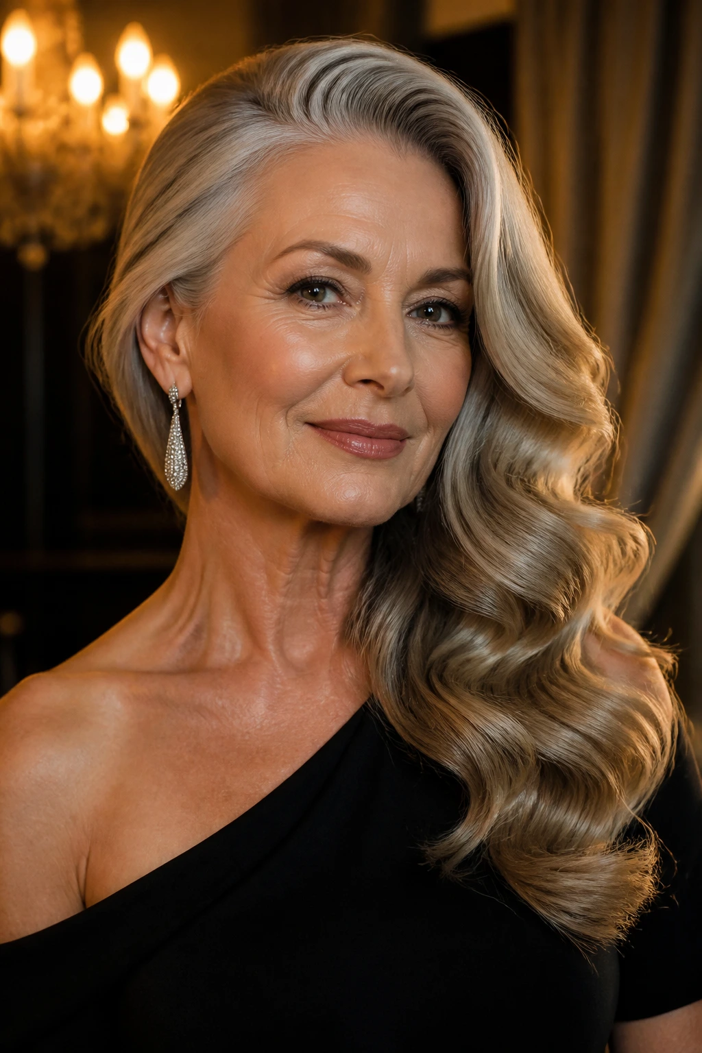 Real woman with side-swept glam waves in soft evening light