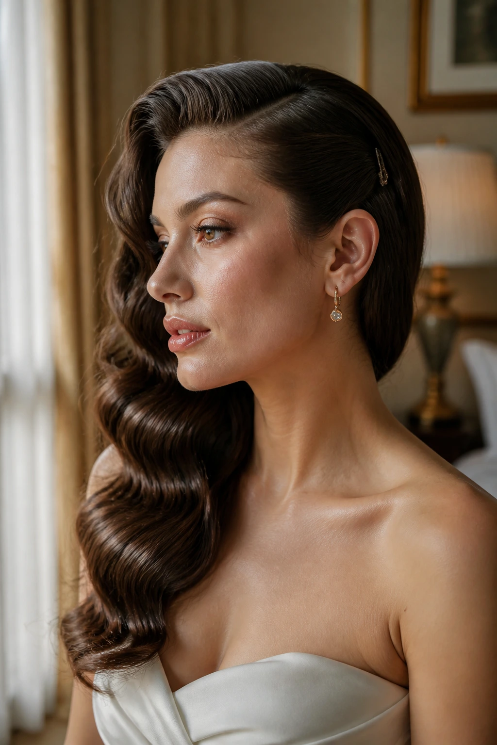 Side-swept Hollywood waves on a real woman in a hotel room