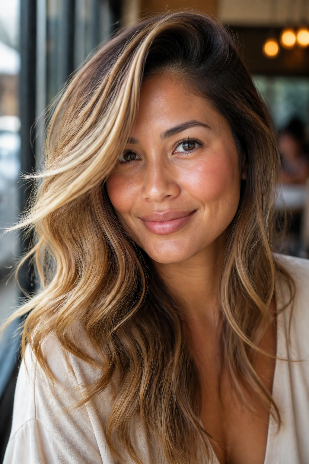 Close-up of side-swept waves with warm beige honey on tan skin